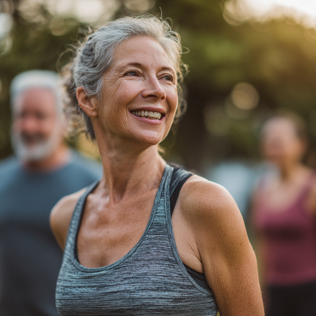 mature adults enjoying group fitness session outdoors with natural setting